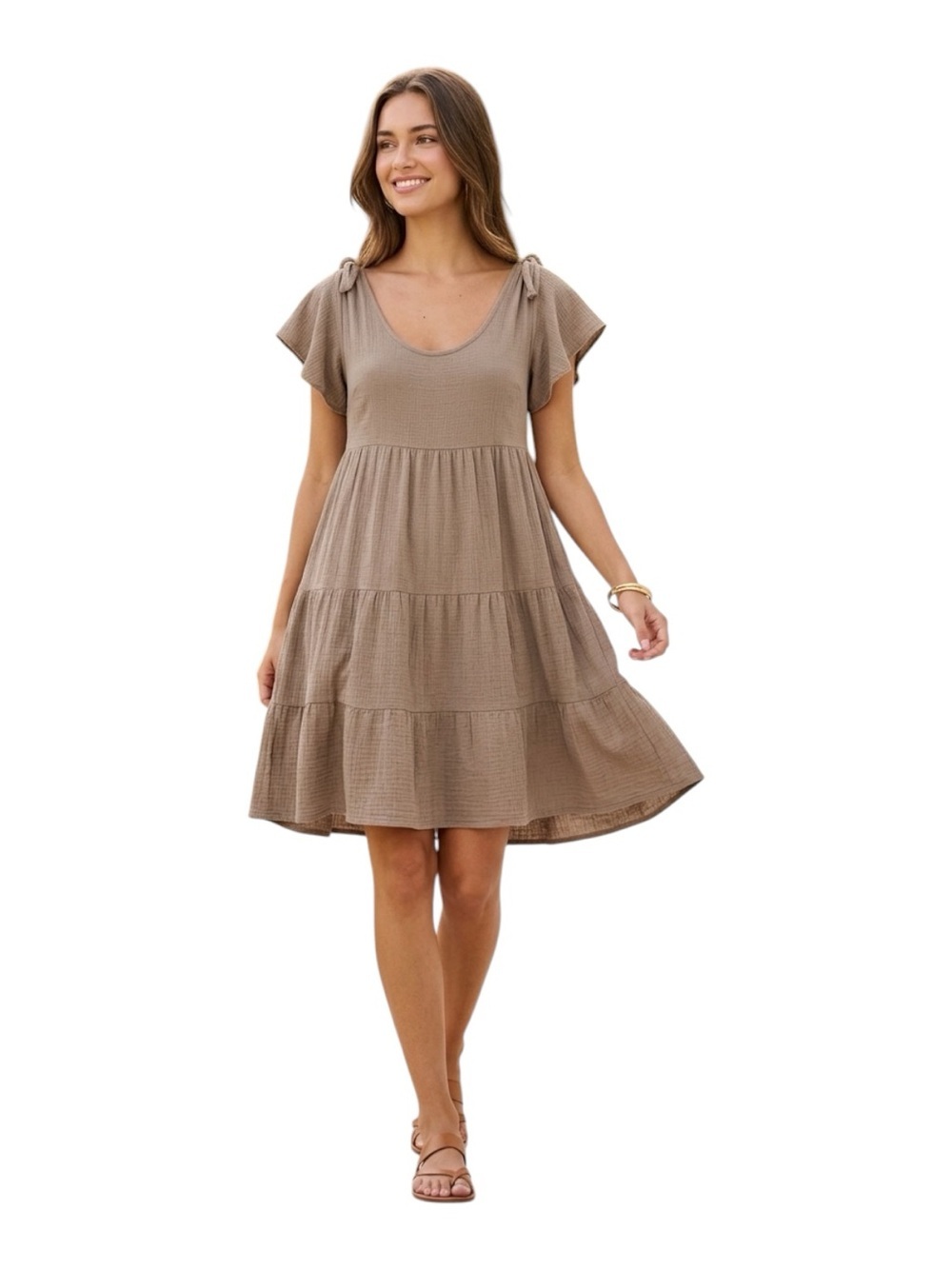Max Studio Medium Taupe Tiered Babydoll Dress Tie Shoulder Boho